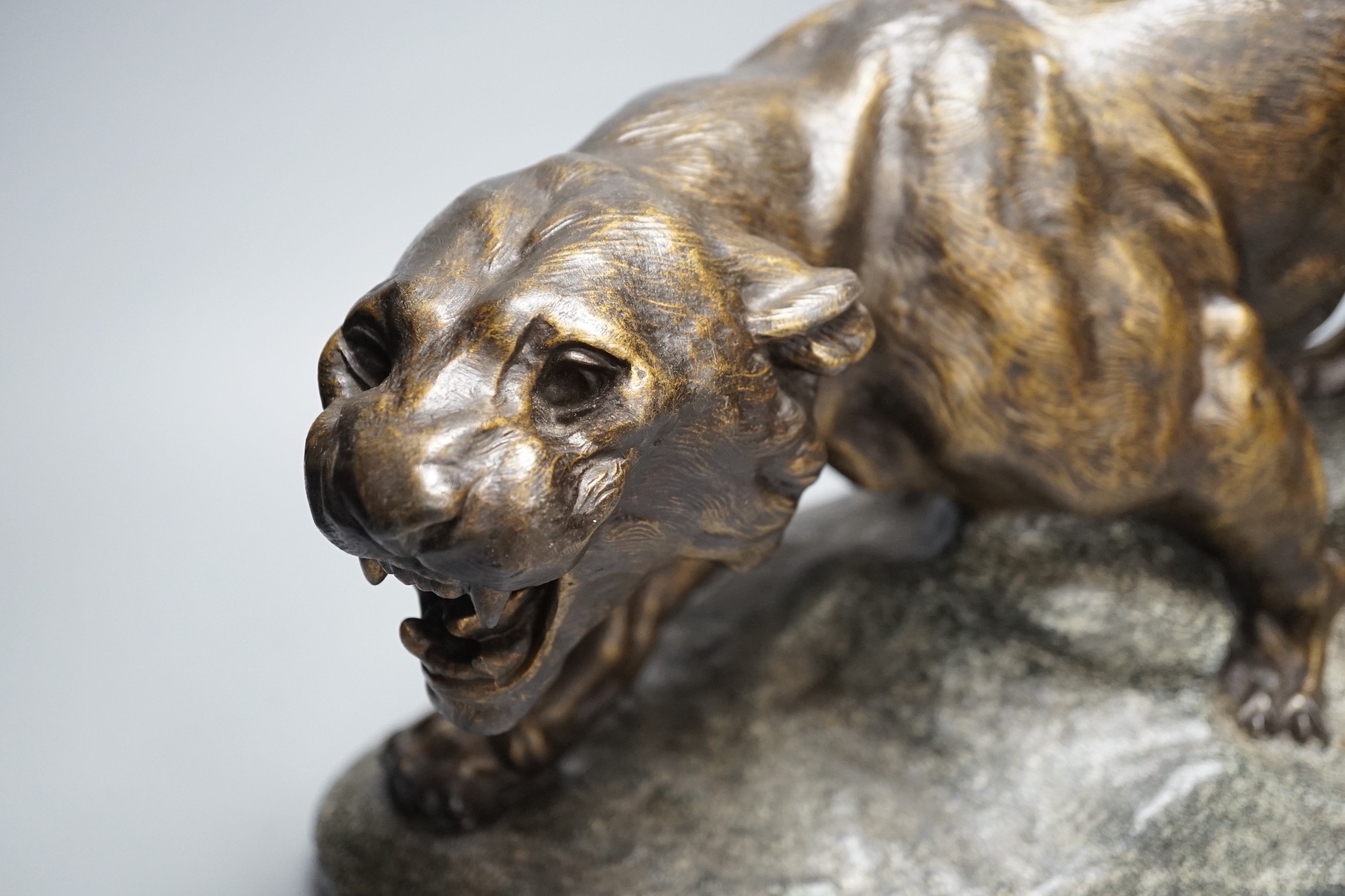 After Thomas François Cartier (1879-1943) patinated spelter model of a tiger 49cm long